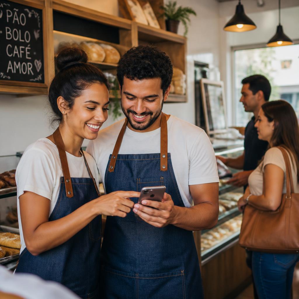 Micro empreendedores acompanhando resultados do seu negócio no celular