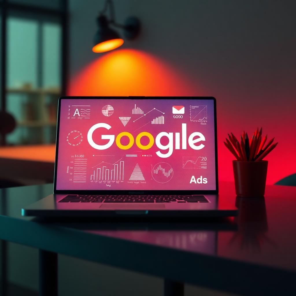 Painel do Google Ads em notebook mostrando gráficos e campanhas